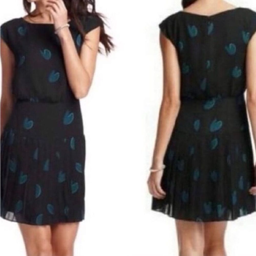 LOFT Petite Black Teal Heart Print Pleated Dress Size 2P
